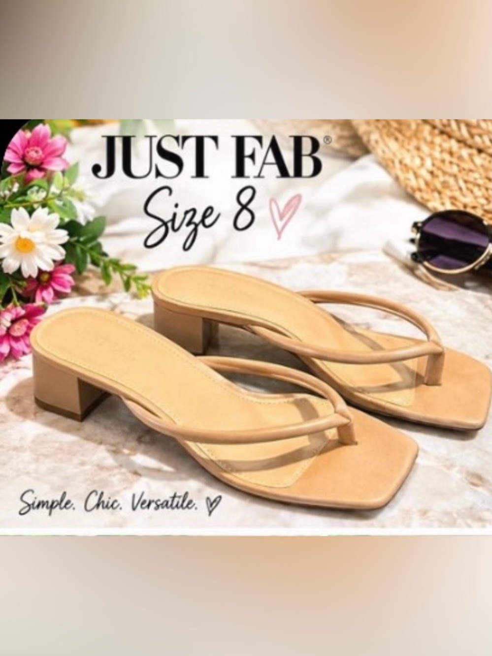 JustFab Tan Minimalist Square-Toe Mid Block Heel Sandals size 8
